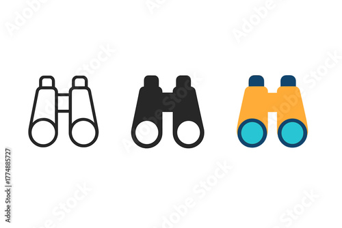 Binoculars Icon Series. Minimalist binoculars icon: three identical binocular icons in a row, first in line style with thin