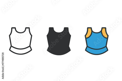 Medieval Armor Icons. Minimalist armor icon: three identical medieval armor icons in a row, first in line style with thin outline,