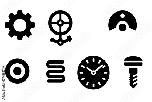 Mechanical Watch Icons. Solid style icons of Mechanical Watch Parts: Gear, Escapement, Balance Wheel, Rotor, Jewel Bearing, Spring