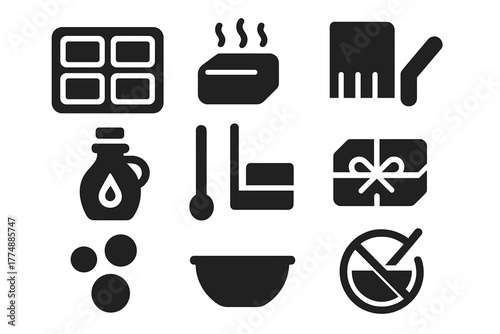 Soap Making Icons. Solid style icons of soap making: mold tray, scented bar, cutting knife, oil bottle, stirring stick, wrapped