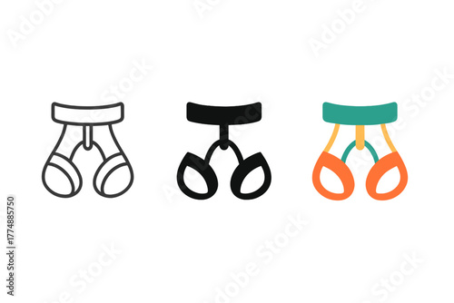 Climbing Harness Icons. Minimalist harness station icon: three identical climbing harness stations in a row, first in line style