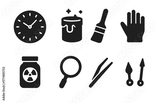 Luminous Instrument Icons. Solid style icons of Early Luminous Instruments: Clock Dial, Glow Paint, Brush, Radium Jar, Gloves,