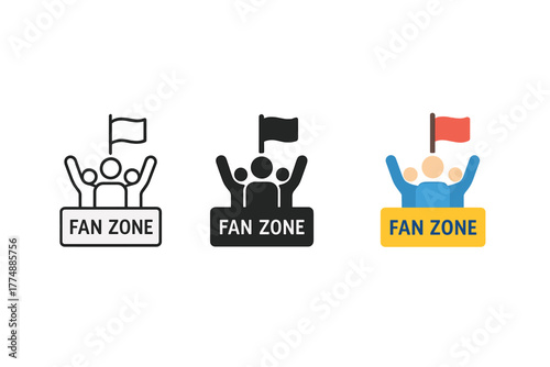 Minimalist Fan Zones. Minimalist fan zone icon: three identical fan zones with flags in a row, first in line style with thin