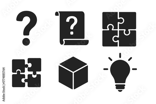Brain Teasers Icons. Solid style icons of Brain Teasers: Question Mark, Riddle Scroll, Pieces, Puzzle Grid, Cube, Light Bulb, Key,