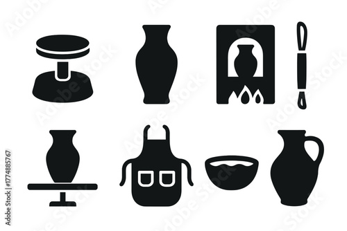 Pottery Making Icons. Solid style icons of pottery making: clay wheel, vase, kiln, sculpting tool, drying pot, apron, water bowl,