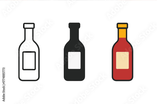 Wine Label Icons. Minimalist wine label icon: three identical wine label icons in a row, first in line style with thin outline,