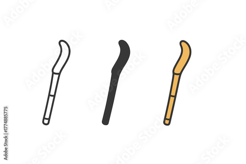 Bamboo Tea Scoops. Minimalist tea scoop icon: three identical bamboo tea scoops in a row, first in line style with thin outline,