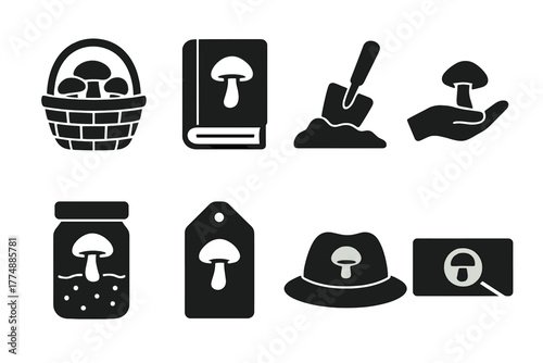 Fungi Interaction Icons. Solid style icons of human-fungi interaction: Foraging Basket, Field Guide Book, Spade in Soil, Examining