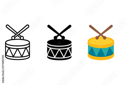Minimalist Drum Trio. Minimalist drum icon: three identical round drums with two sticks crossed above in a row, first in line