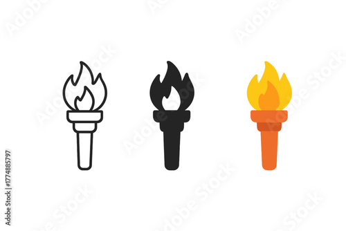Minimalist Torch Icons. Minimalist cave torch icon: three identical hand torches in a row, first in line style with thin outline,