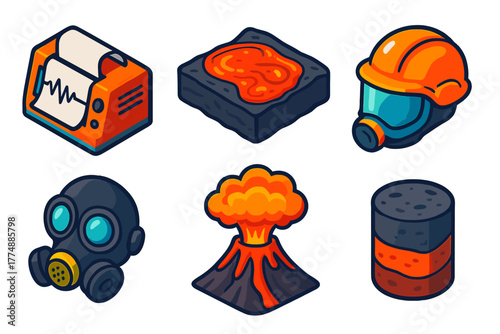 Vibrant Volcanology Icons. Isometric vector illustration set Volcanology: Seismograph, Lava Sample, Protective Helmet, Gas Mask,