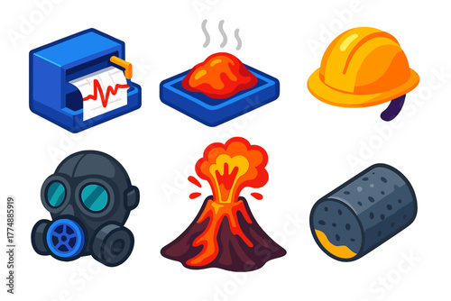 Vibrant Volcanology Icons. Isometric vector illustration set Volcanology: Seismograph, Lava Sample, Protective Helmet, Gas Mask,