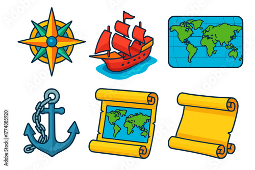 Colorful Nautical Icons. Isometric vector illustration set Mercator Projection: Compass Rose, Rhumb Line, Ship, World Map, Map