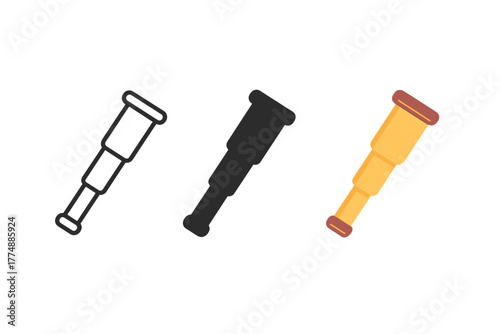 Minimalist Spyglass Trio. Minimalist spyglass icon: three identical handheld spyglasses in a row, first in line style with thin