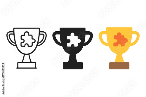 Tri-Style Trophy Icons. Minimalist reward icon: three identical trophy with puzzle icons in a row, first in line style with thin