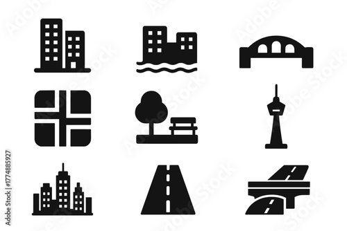 Urban Landscape Icons. Solid style icons of Urban Landscape: Highrise Buildings, Riverfront, Bridge, Street Grid, Park, Tower,