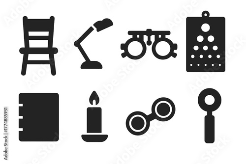 Classic Optometry Essentials. Solid style icons of Classic Eye Doctor’s Room: Wooden Chair, Desk Lamp, Trial Frame, Eyeglass Chart