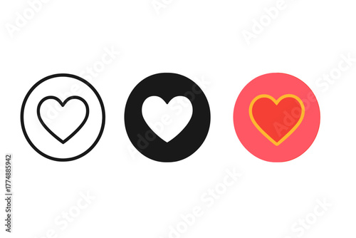 Heart Badge Trio. Minimalist heart like badge icon: three identical hearts inside circles in a row, first in line style with thin