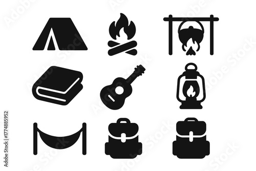 Camping Essentials Icons. Solid style icons of Communal Camping: Tent, Campfire, Cooking Pot, Blanket, Guitar, Lantern, Hammock,