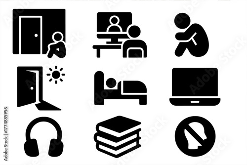 Social Withdrawal Icons. Solid style icons of Social Withdrawal: Room, Computer, Isolation, Sunlight Under Door, Bed, Laptop,
