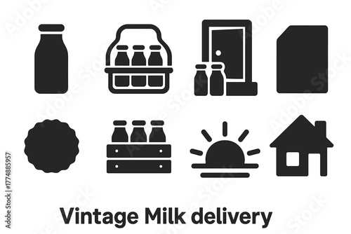 Vintage Milk Delivery Icons. Solid style icons of Vintage Milk Delivery: Glass Bottle, Carrier, Doorstep, Note, Cap, Wooden Crate,