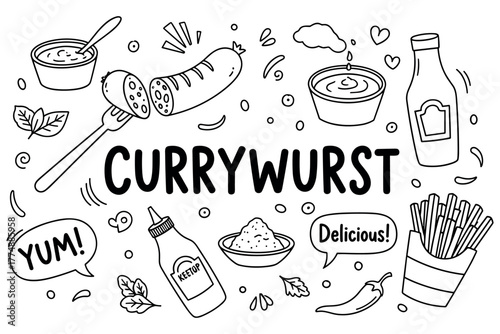 Currywurst doodle art: sausage, fries, ketchup, spice and flavorful elements