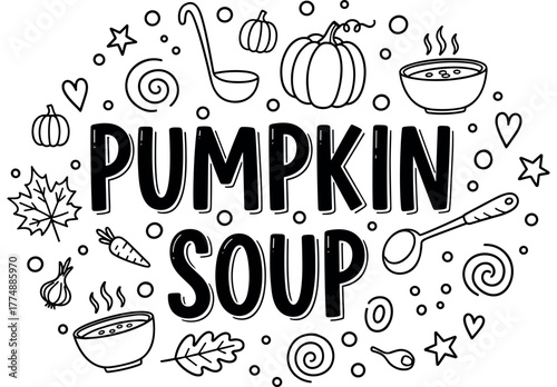 Pumpkin soup line art with pumpkin, soup bowls, and autumn elements