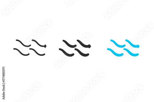Minimal Water Flow Icons. Minimalist water flow icon: three identical water current arrows icons in a row, first in line style