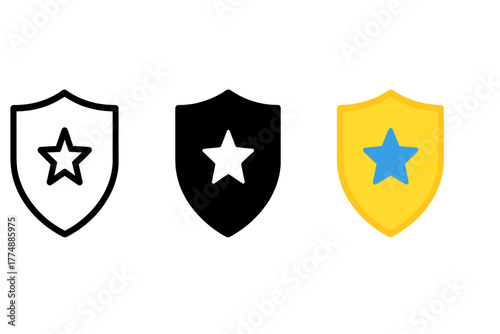 Trio of Star Shields. Minimalist shield with star icon: three identical shields with a small star in the center in a row, first in