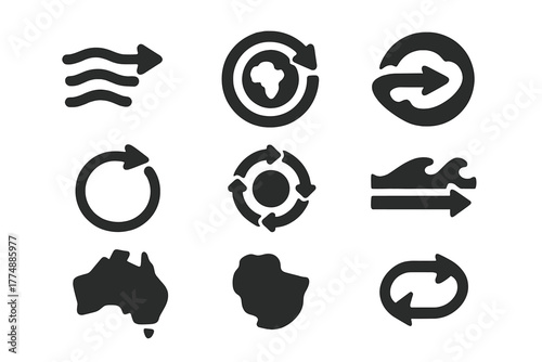 Global Ocean Currents Icons. Solid style icons of major global current zones: Gulf Stream Flow, Antarctic Circumpolar Current,