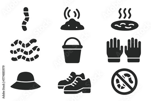Vibrational Worm Icons. Solid style icons of Vibrational Worm Techniques: Stob, Soil, Soaking Ground, Worms, Bucket, Gloves, Hat,