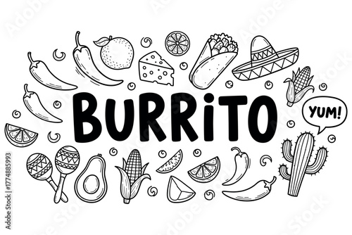 Black and white burrito design with mexican food elements and sombrero
