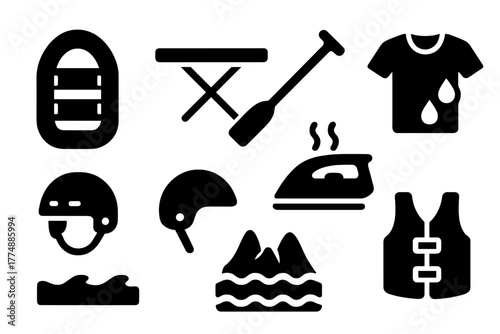 River Raft Ironing. Solid style icons of River Raft Ironing: Inflatable Raft, Ironing Board, Paddle, Safety Helmet, Steam Iron,