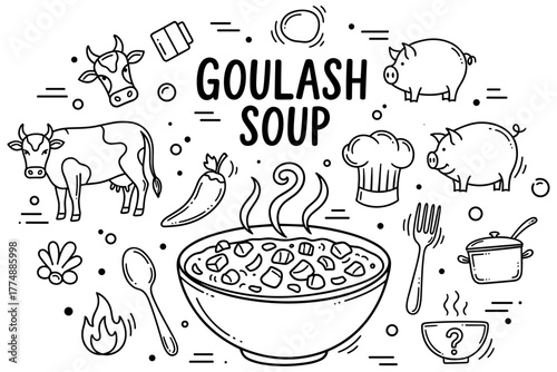 Goulash soup ingredients and cooking elements illustration