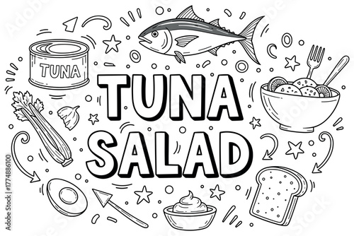 Tuna salad ingredients and preparation doodles with fish, vegetables, and spices