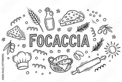 Artistic doodle of focaccia elements: bread, ingredients, and utensils