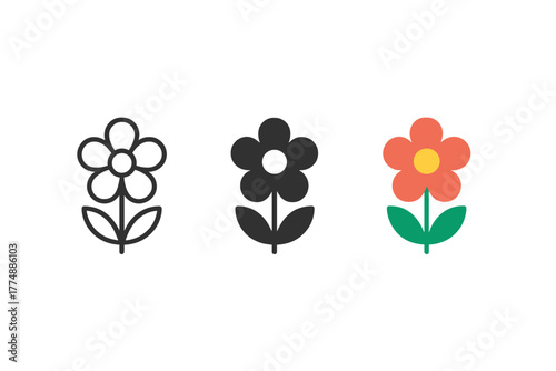 Minimalist Flower Trio. Minimalist flower spring icon: three identical blooming flowers with five petals each in a row, first in