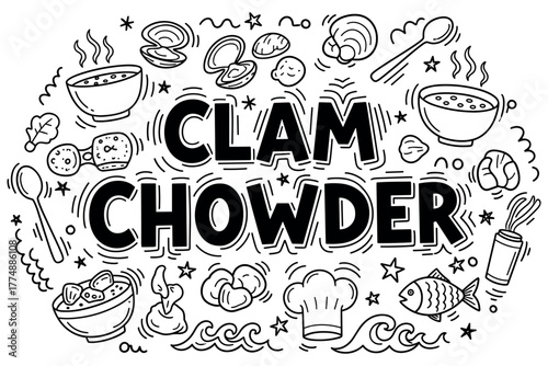 Clam chowder illustration with seafood and cooking utensils in black and white doodle style