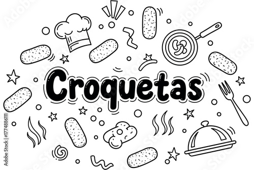 Croquetas illustration: whimsical kitchen elements and culinary delight