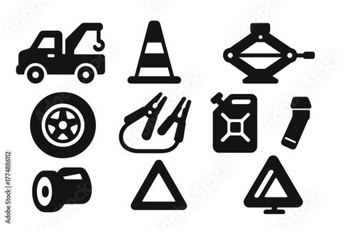 Roadside Assistance Icons. Solid style icons of Roadside Assistance: tow truck, hazard cone, jack lift, spare tire, jumper cables,