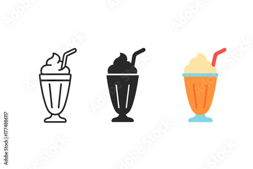 Tri-Style Milkshake Icons. Minimalist milkshake icon: three identical milkshakes with straws in a row, first in line style with