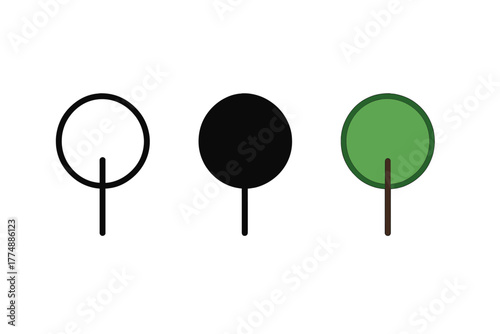 Minimalist Tree Trio. Minimalist tree icon: three identical simple trees with trunk and round crown in a row, first in line style