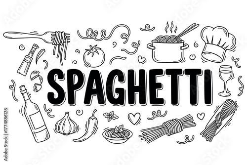 Spaghetti doodle art with pasta, ingredients, and cooking utensils