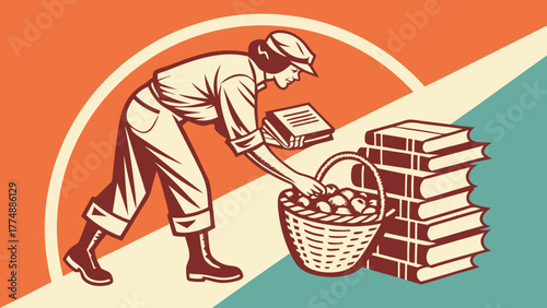 Farmer collecting fruits while reading book with stacked boxes  