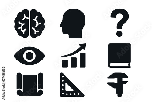 Intellectual Icons Collection. Solid style icons of Intellectual Curiosities: Brain, Head, Question Mark, Eye, Chart, Book, Scroll