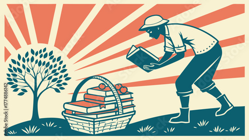 Farmer reading book while harvesting apples in orchard during sunrise  