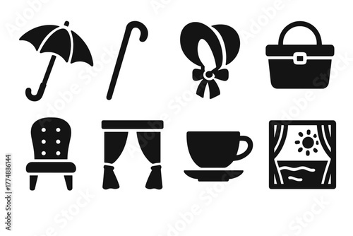 Victorian Leisure Icons. Solid style icons of Victorian Leisure: Parasol, Walking Cane, Bonnet, Picnic Basket, Chair, Curtain, Tea