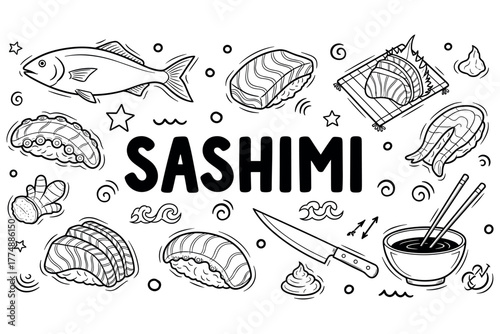 Sashimi art: hand-drawn japanese cuisine elements featuring fish and sushi