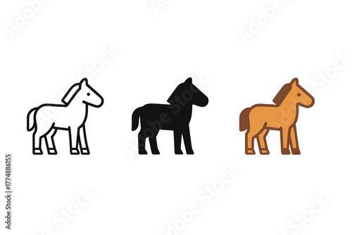 Minimalist Horse Icons. Minimalist horse icon: three identical horse icons in a row, first in line style with thin outline, second