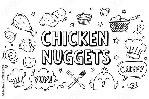 Chicken nuggets doodle art with crispy yum elements